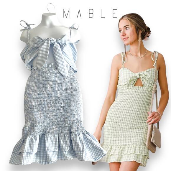 Mable Dresses & Skirts - Mable Smocked Plaid Mini Dress S Blue Ruffled Cut-Out Tie Front Checker Coquette